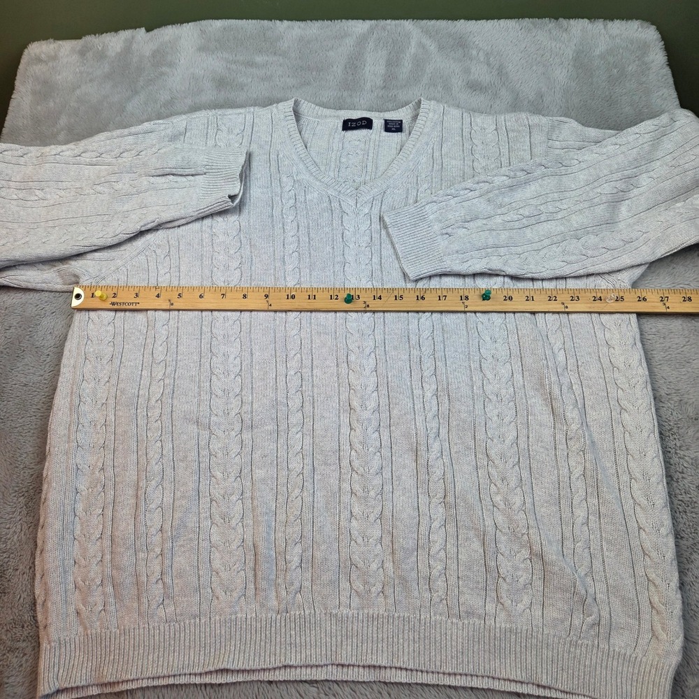 VTG IZOD Sweater Mens XL Cable Knit V-Neck Long Sleeve Grey Pullover 100% Cotton - Picture 4 of 6